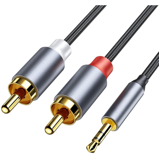 3.5mm jack naar 2x RCA tulp audio kabel – gevlochten zwart/zilver met vergulde connectors – 1.5m
