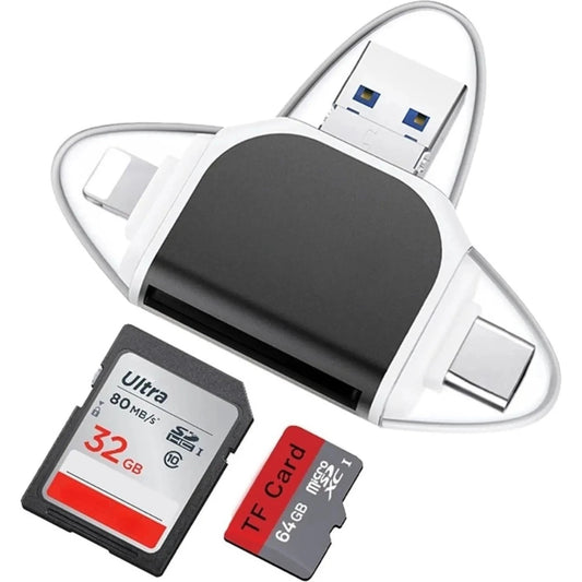 4-in-1 kaartlezer met USB-C, USB-A, Lightning en Micro-USB – geschikt voor SD en microSD – zwart/wit ontwerp – plug & play