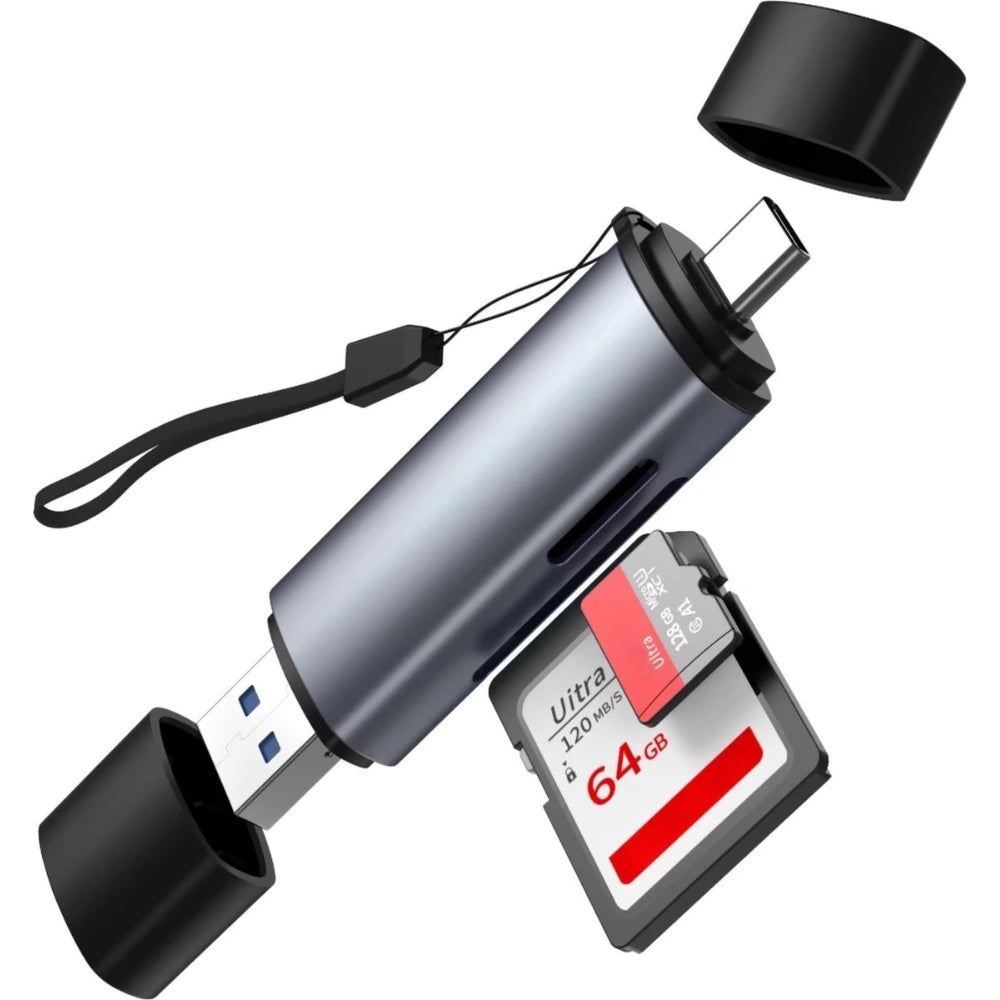 USB 3.0 kaartlezer met USB-A en USB-C – geschikt voor SD en microSD – 120 MB/s – zilver met zwarte doppen