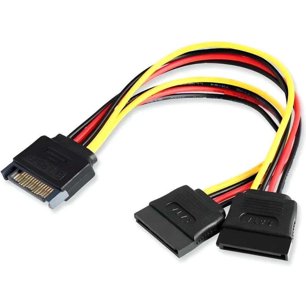 SATA 15-pins voedingssplitter kabel – zwart met rood/geel/zwart bedrading – 1 naar 2 aansluitingen – 20cm