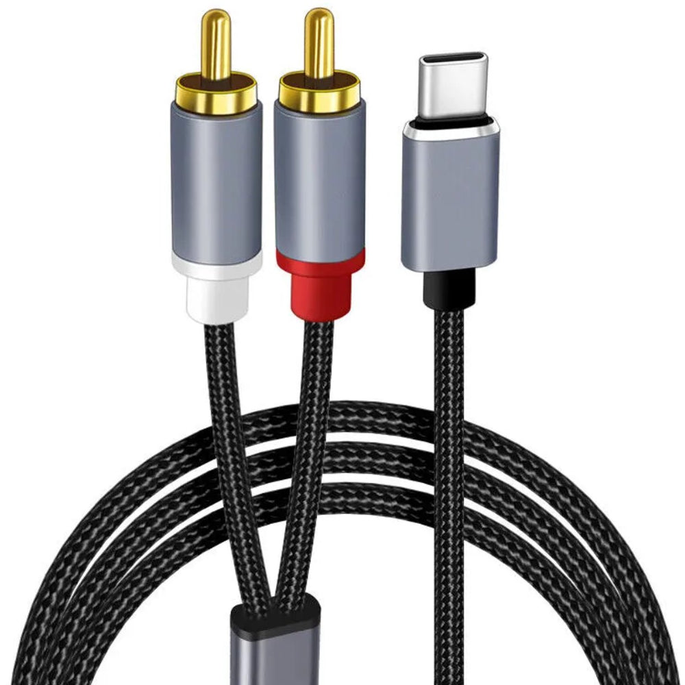 USB-C naar RCA audio kabel met rode en witte tulpstekkers, gevlochten nylon kabel, zwart/zilver – 1.5 meter