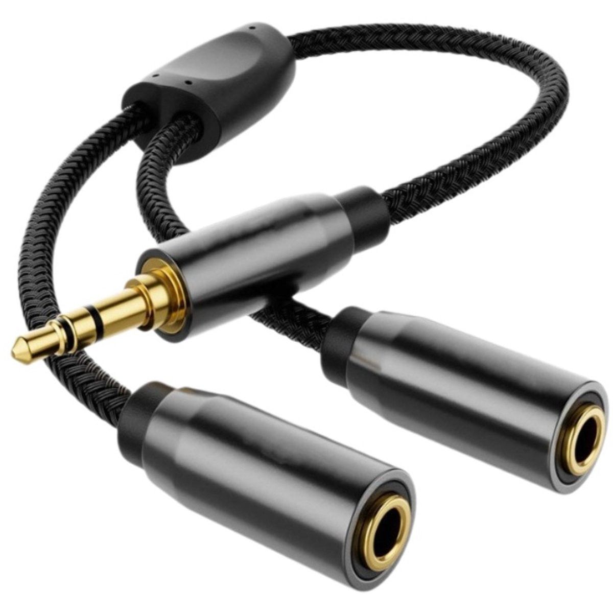 Koptelefoon splitter – 3.5mm jack naar 2x AUX – goud verguld – nylon gevlochten