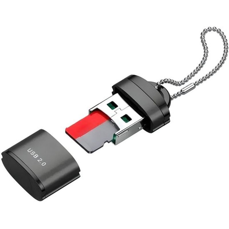 USB 2.0 micro SD kaartlezer met sleutelhanger – zwart – dop eraf met microSD kaart